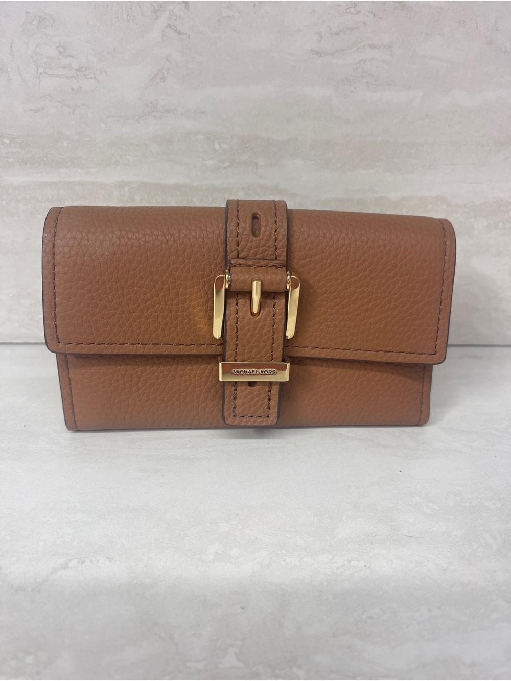 Michael Kors Nolita Brown Pebble Leather Buckle Wallet Luggage - Picture 1 of 5